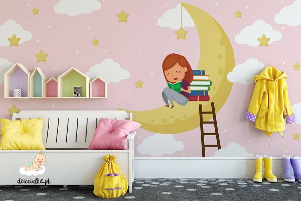 girl reads books on the yellow moon - children’s wall mural