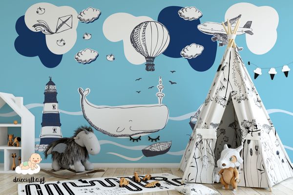 sea, lighthouse, whale, boats, clouds, plane, balloon - children’s wall mural