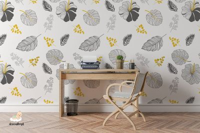various types of leaves with golden accents on a light background - wall mural