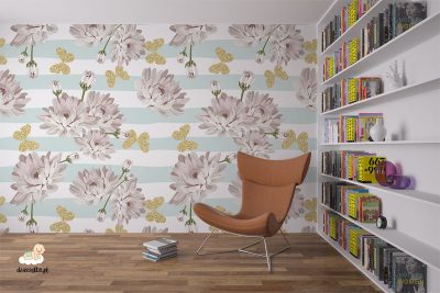 golden butterflies and bright flowers on a blue white background - wall mural