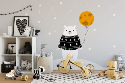teddy bear in a sweater with a balloon on the background of stars - children’s wall mural