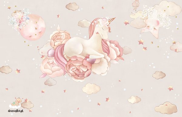 beautiful unicorn flying on flowers in the clouds and stars - children’s wall mural