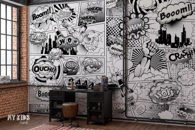 black and white superhero comic - children’s wall mural